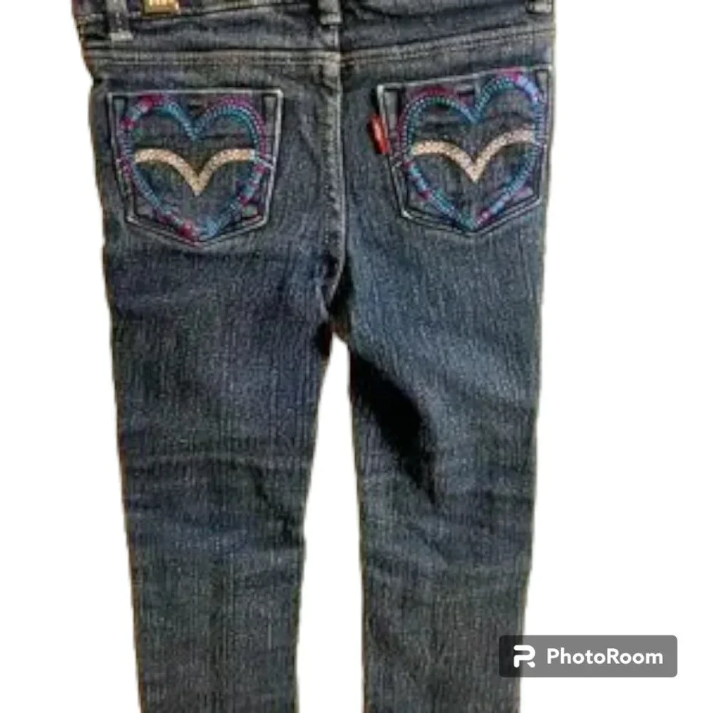 Levi's Girl's blue jeans with gems‎ and embroidered hearts Adjustable Waist 3T